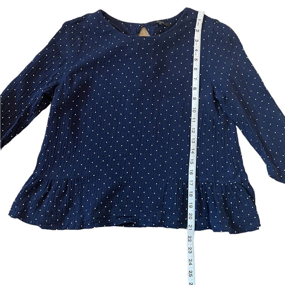 Navy Polka Dot Ruffle Bottom 3/4 SleeveScoop Neck Top S/M - Picture 5 of 8